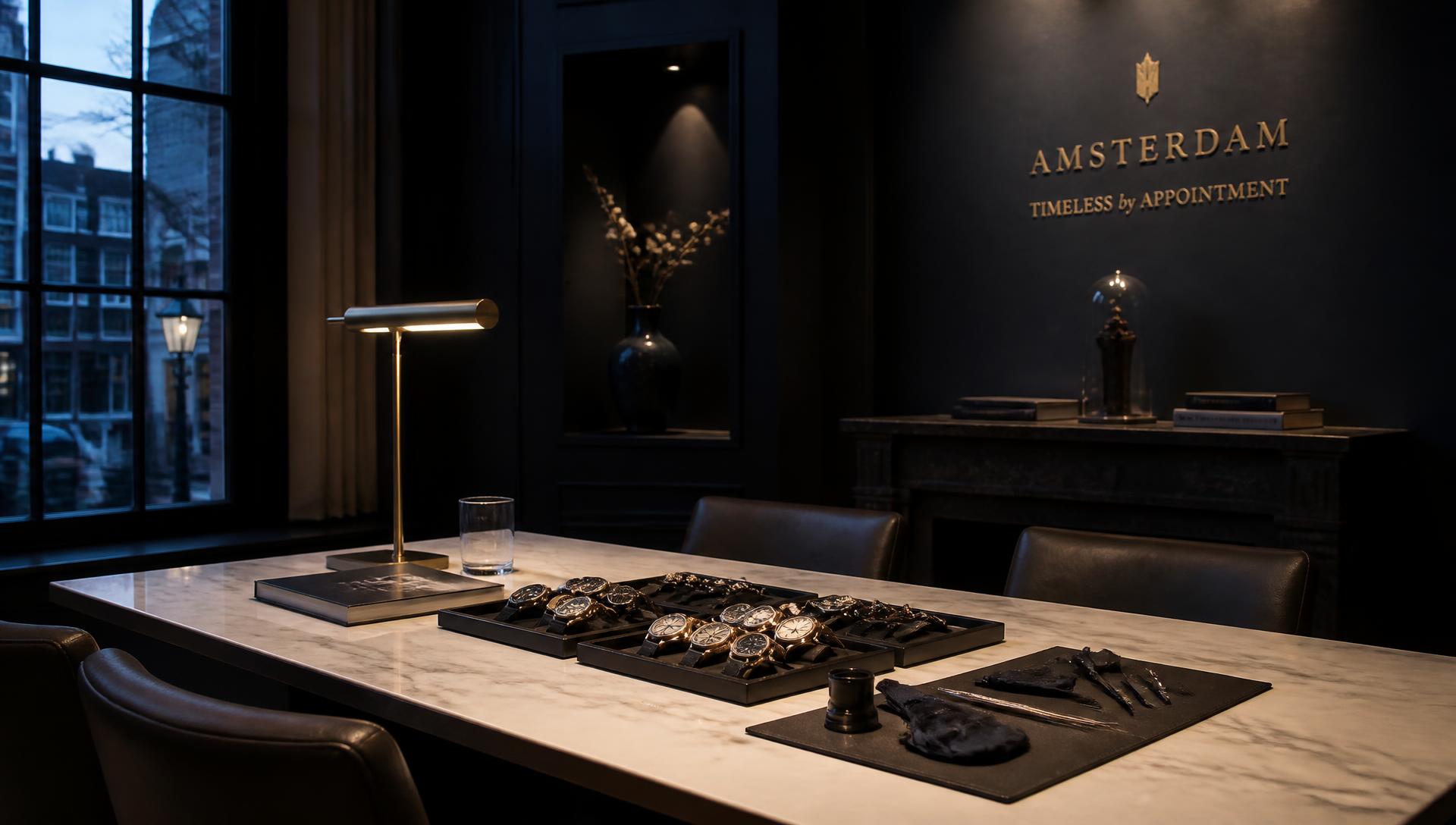 The Weymont Watches viewing room in Amsterdam with luxury wristwatches presented on trays
