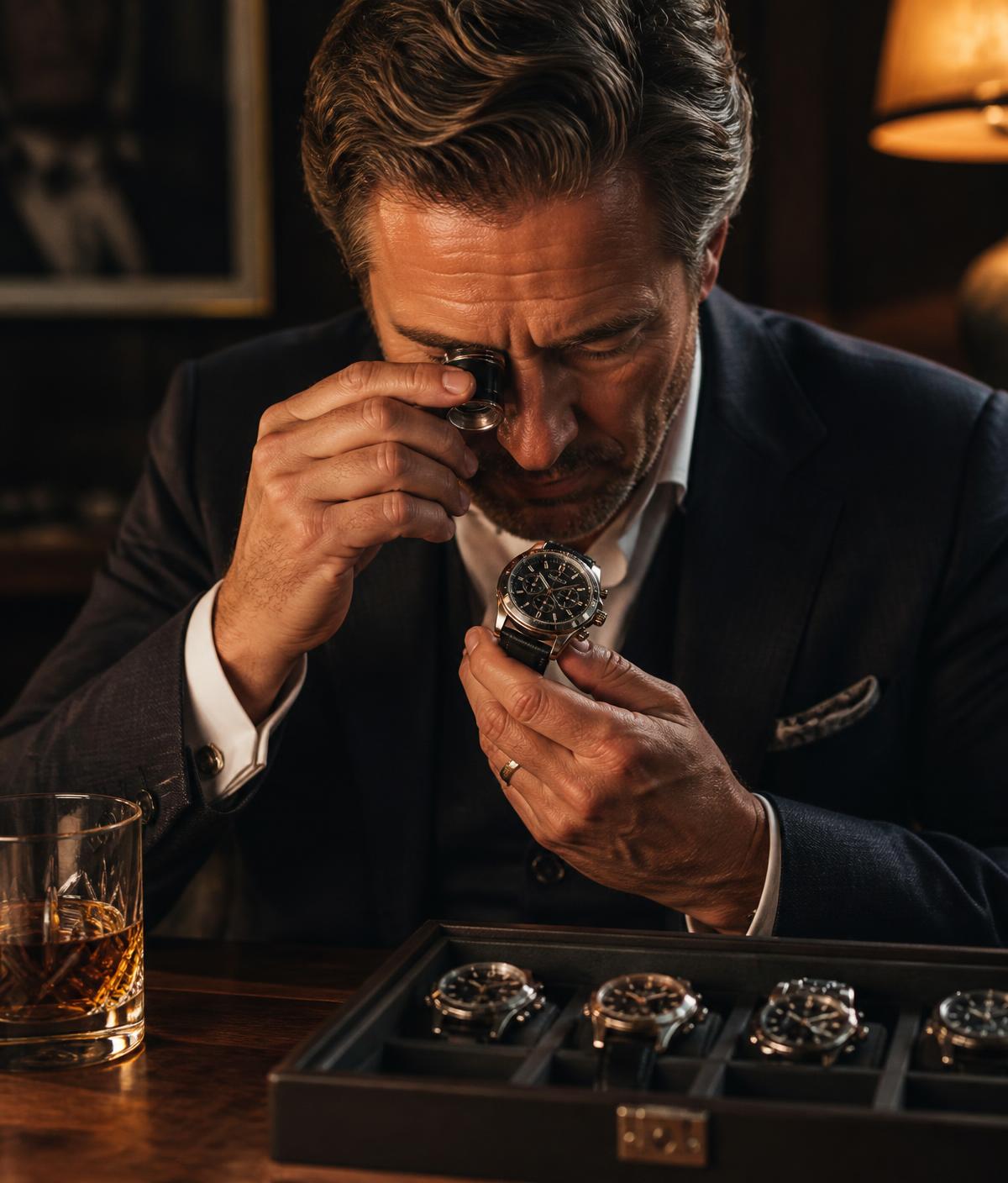 Collector examining a luxury watch with a loupe