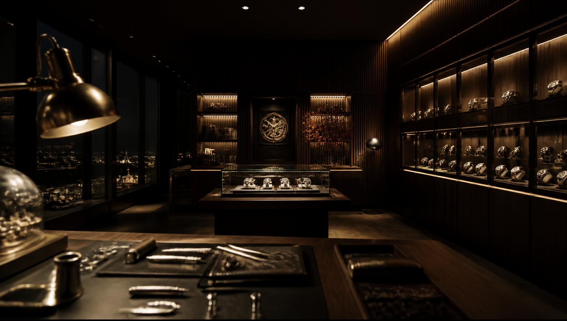 The Weymont Watches atelier showroom — illuminated vitrines with luxury timepieces and a watchmaker's bench