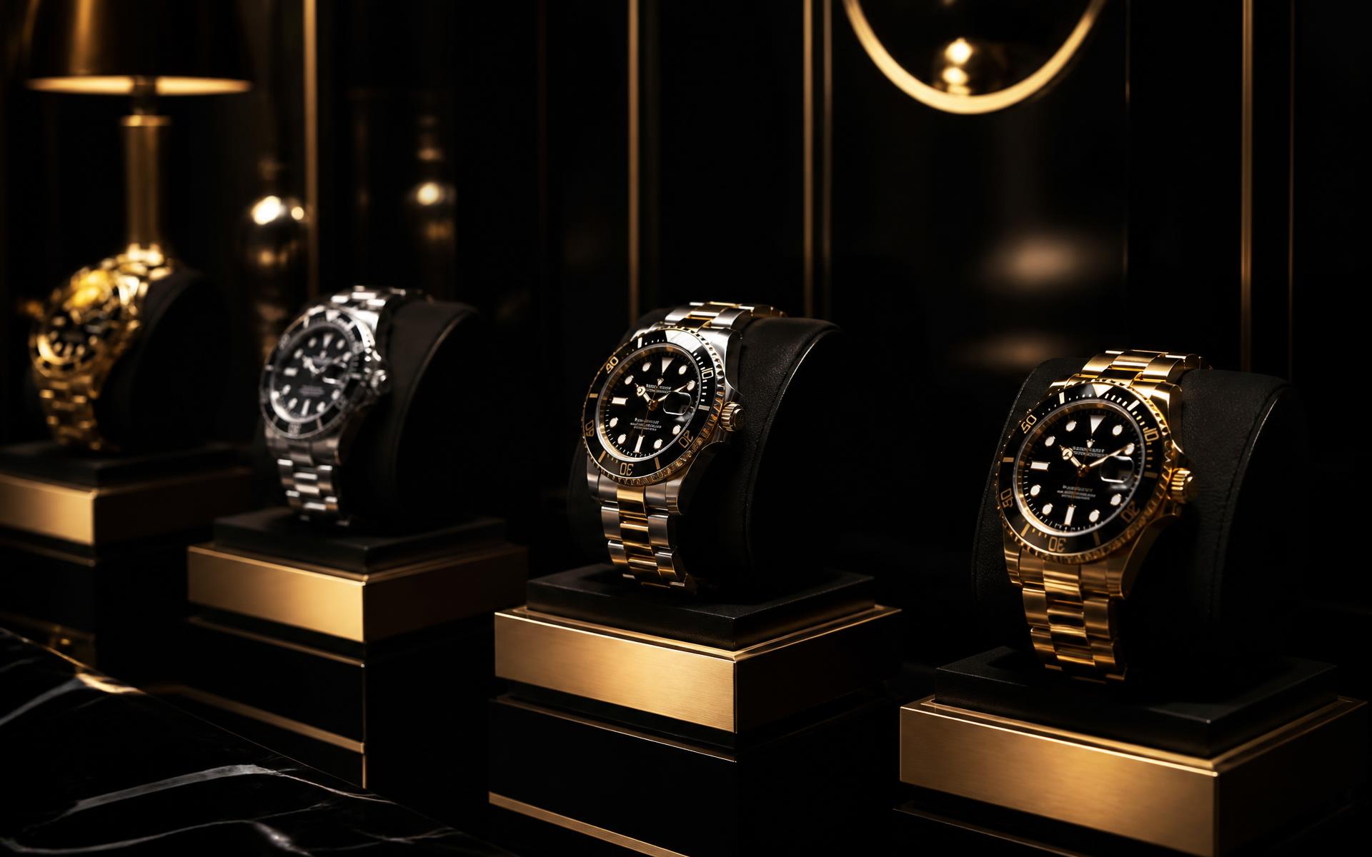 Luxury watches presented on black velvet in the Weymont showroom