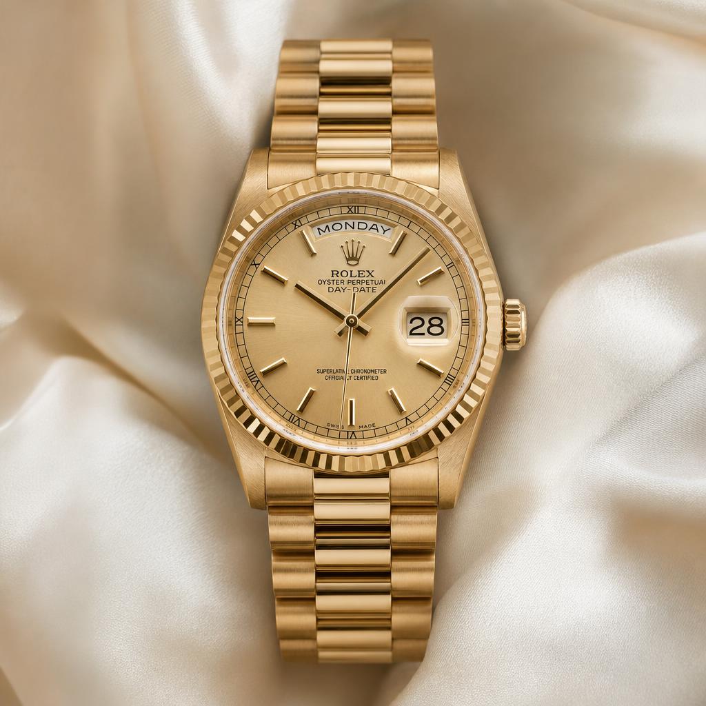 Gold dress watch on a dark surface